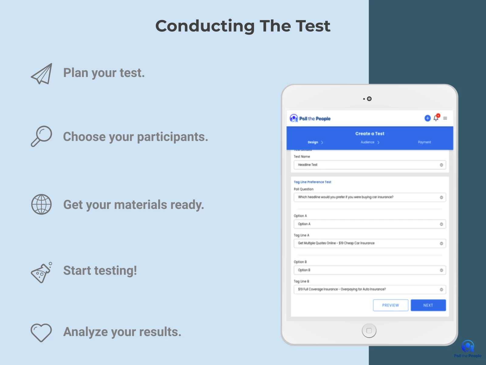 INFOGRAPHIC: Conduct the test. Once you have your materials and participants ready, you can start testing! - Poll the People